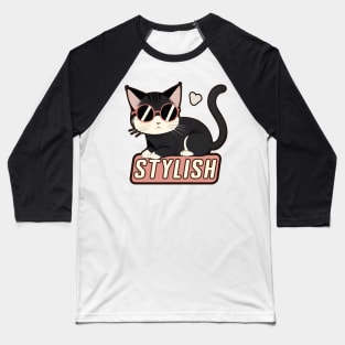 Stylish Cartoon Cat with Glasses Baseball T-Shirt